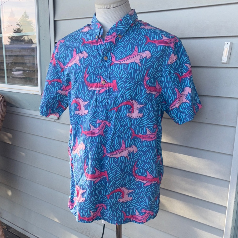 The Nutter Blue and Pink Shark Print Men's Shirt.  Large.  Great condition.